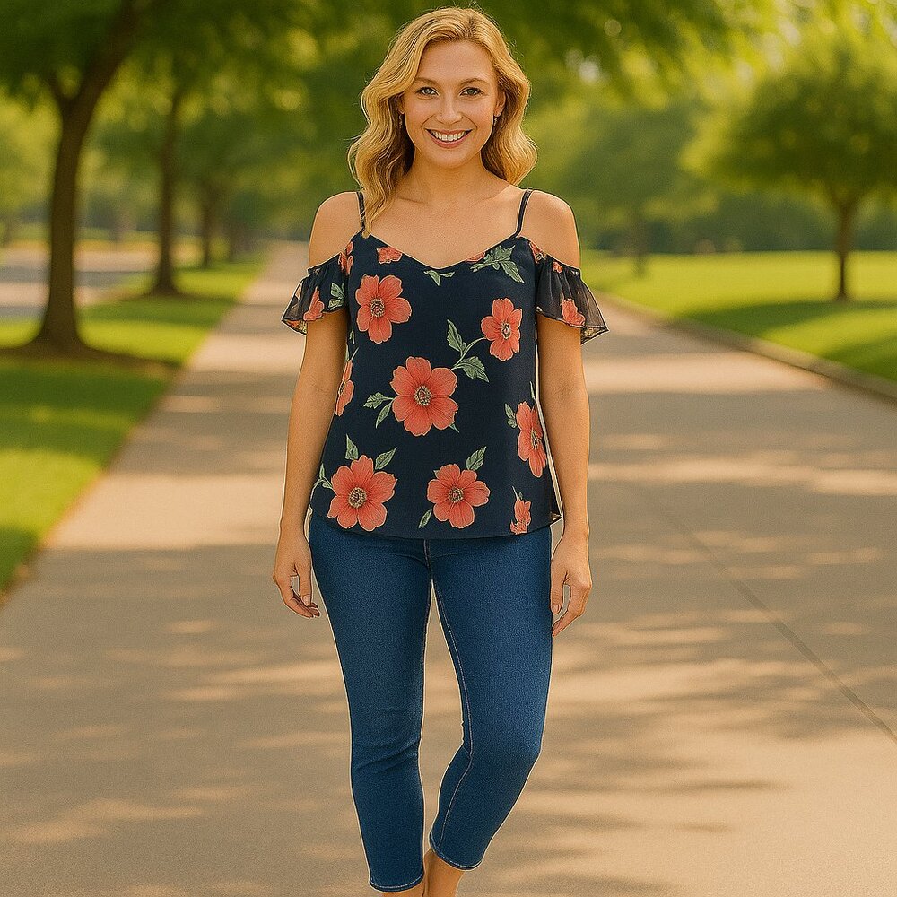 Frank Lyman Floral Whimsical Cold Shoulder Chiffon Top  Size 10